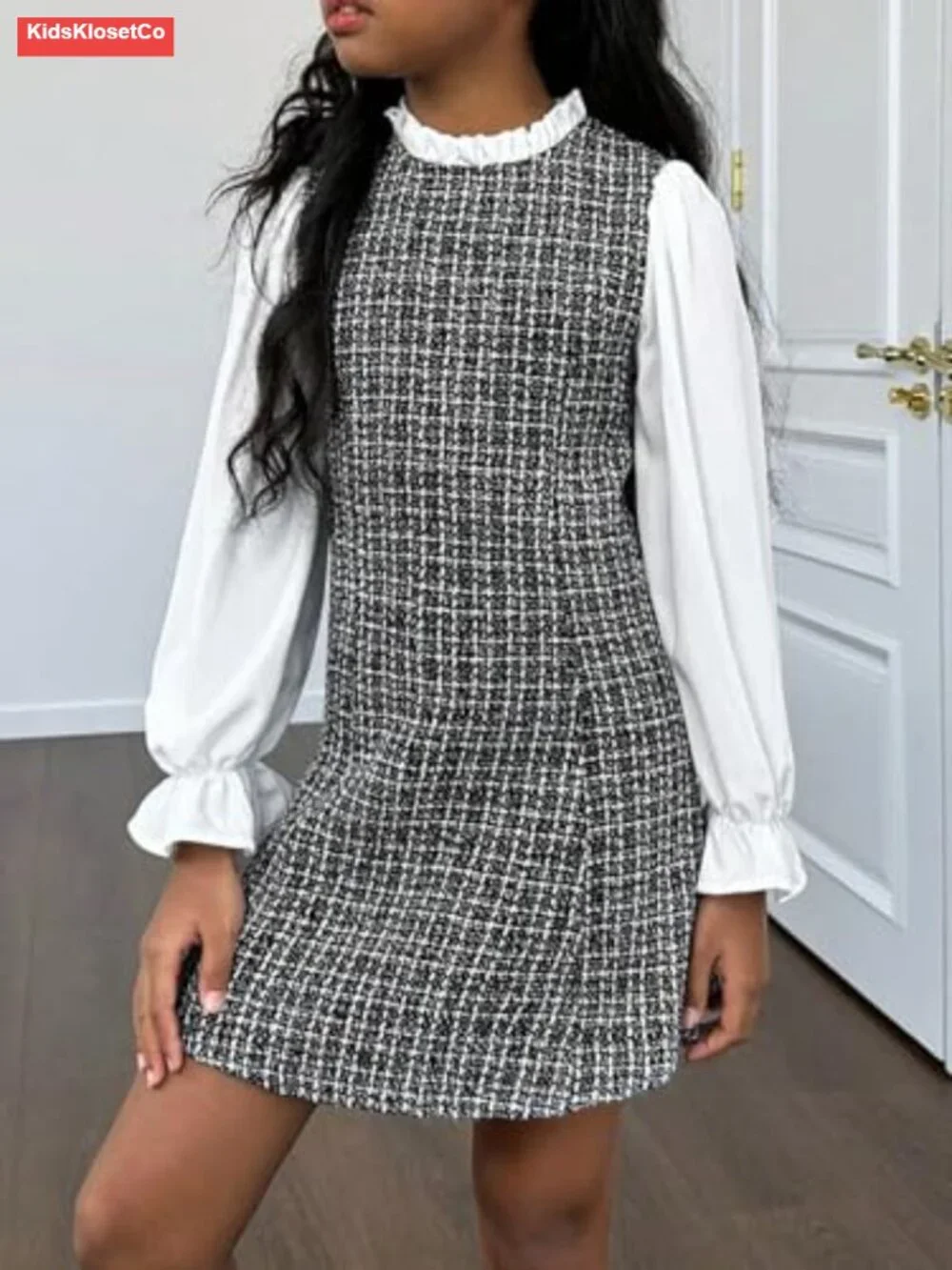 Girls Plaid Tweed Dress Stand Collar Long Sleeve Flounce Frill Trim Mini